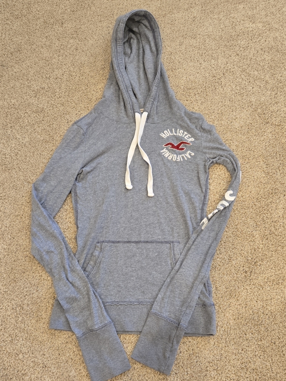 Hollister Gray Pullover with White Drawstrings and Red Logo